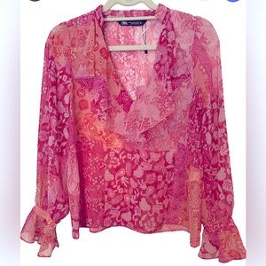 NWOT ZARA Pink and Red Sheer Floral Blouse size XS